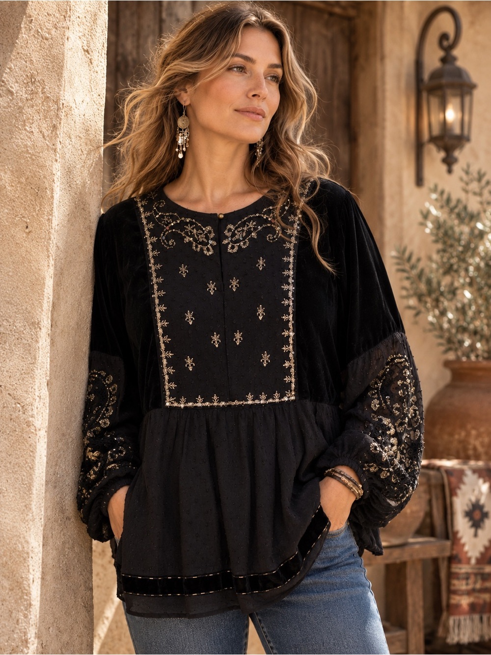 Sundance Princess Dreams Velvet Tunic XL Black Embroidered Boho *